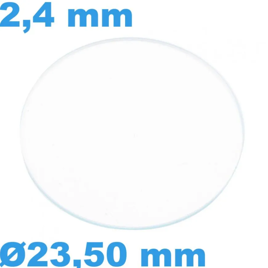 Verre 23,50 mm Rond Plat Saphir pour montre épaisseur 2,4 mm résistant aux rayures