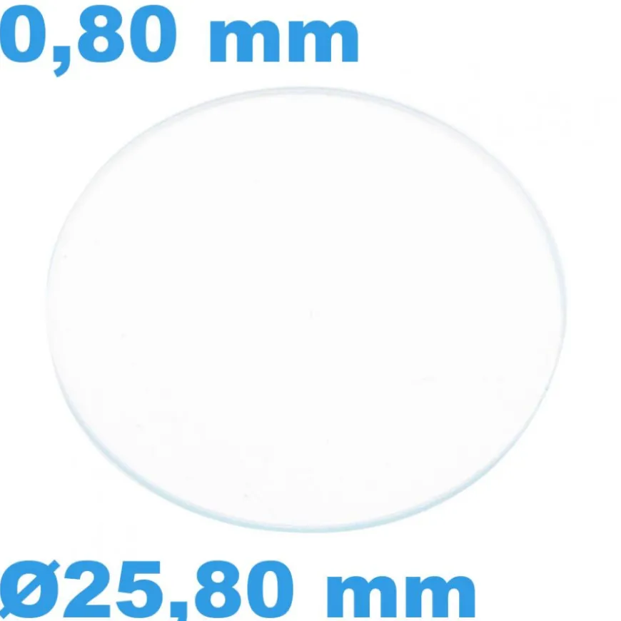 Verre Rond de montre Saphir Plat 25,80 mm épaisseur 0,80 mm résistant aux rayures