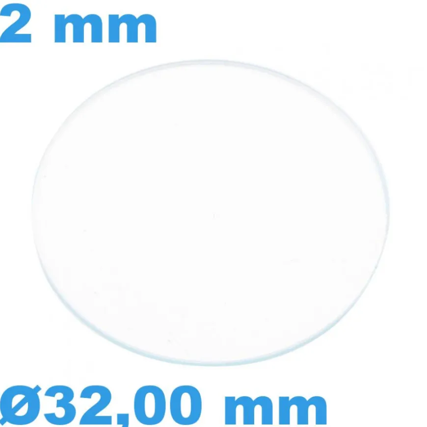Verre Saphir 32 mm de montre Circulaire Plat épaisseur 2 mm inrayable