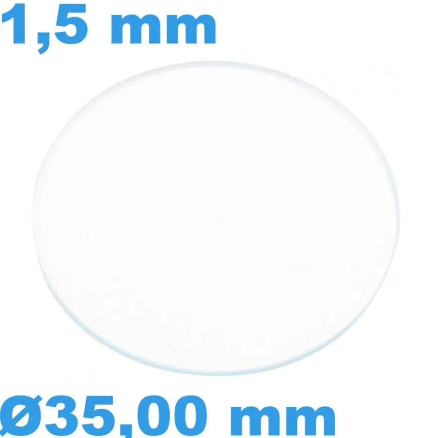 Verre Saphir 35 mm Plat pour montre Rond épaisseur 1,5 mm résistant aux rayures