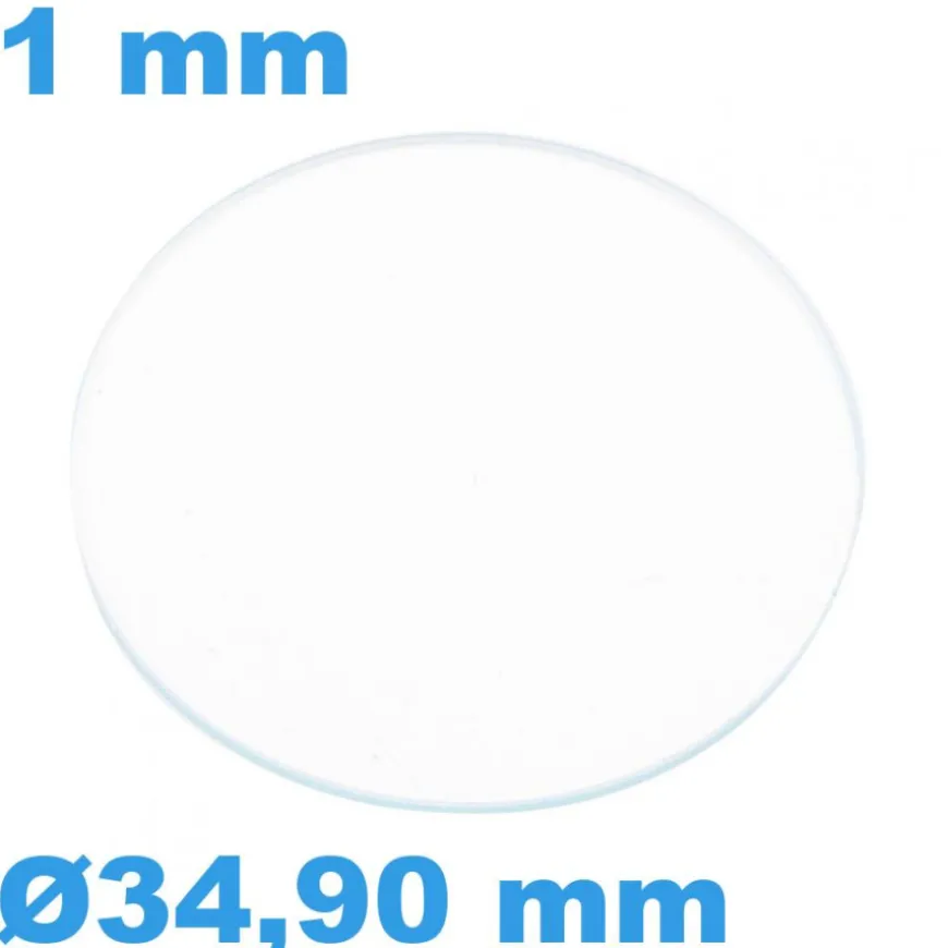 Verre Saphir 34,9 mm pour montre Rond Plat épaisseur 1 mm inrayable