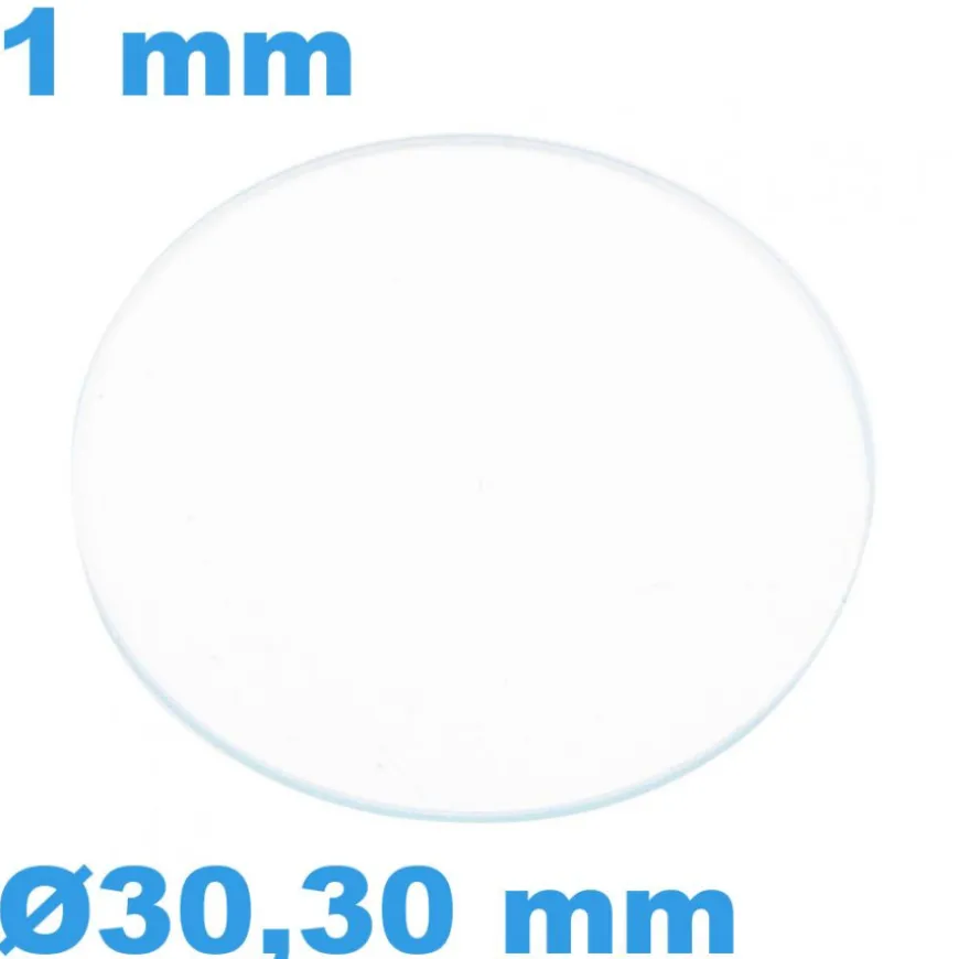 Verre Saphir Plat pour montre Rond 30,30 mm épaisseur 1 mm inrayable
